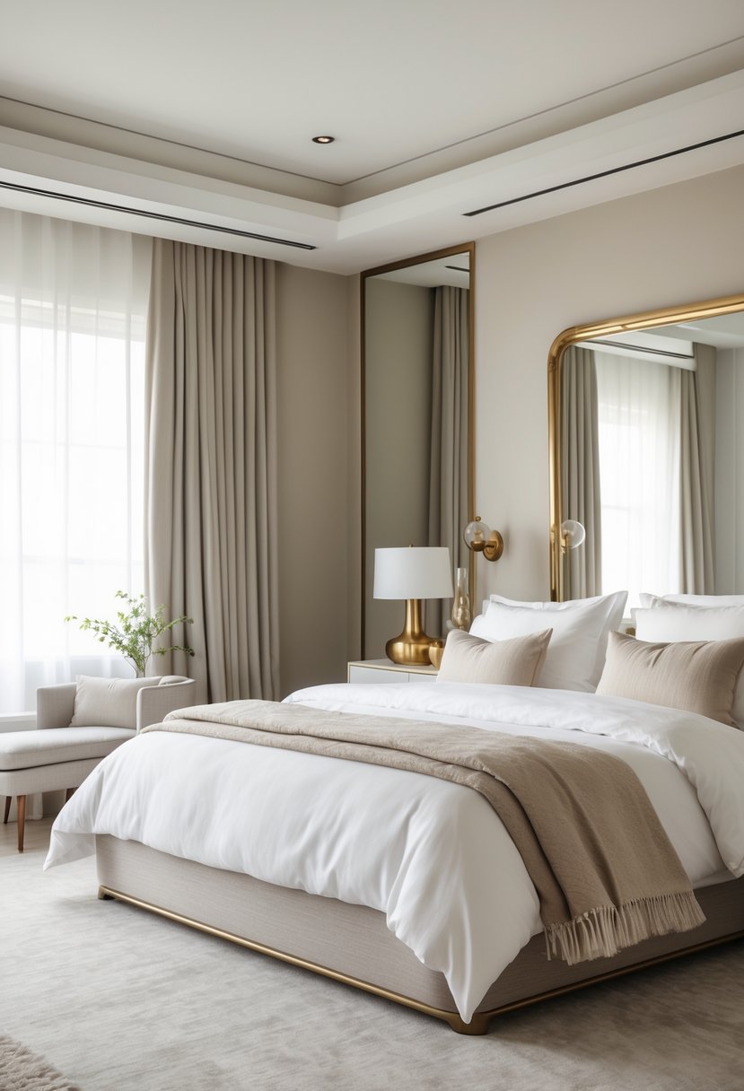 A bedroom with a neatly made bed, neutral-colored bedding, metallic lamps, a mirror, and wooden furniture illuminated by natural light.