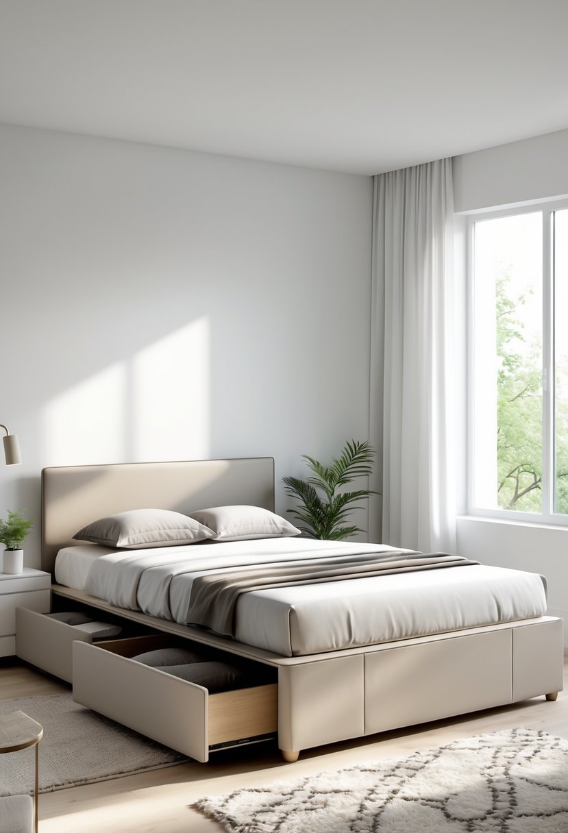 A bedroom with a platform bed that has built-in storage drawers underneath, a nightstand with a plant and lamp, and large windows letting in natural light.