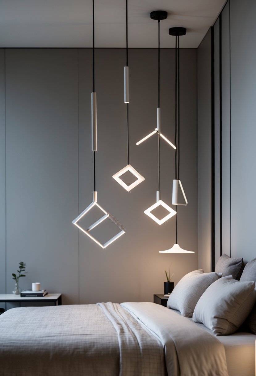 A modern bedroom with a neatly made bed and hanging pendant lights illuminating the space.