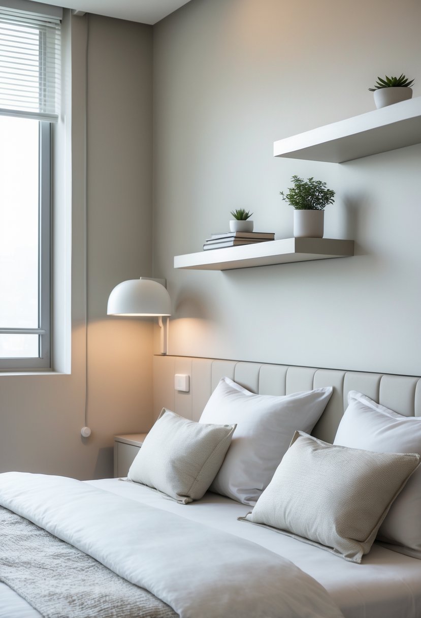 A bedroom with a bed and floating bedside shelves holding decor items next to the bed.