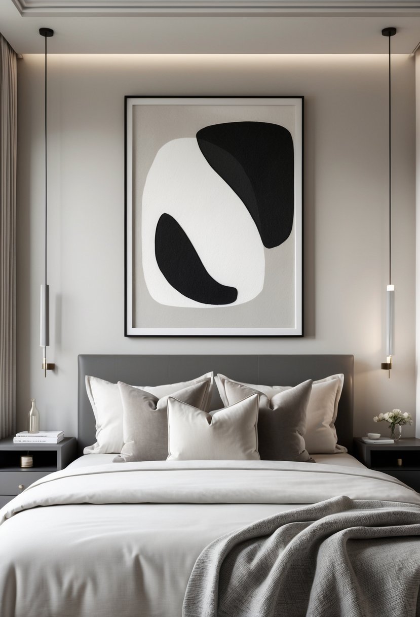 A bedroom with a bed, bedside table, lamp, and black-framed abstract artwork on the wall.