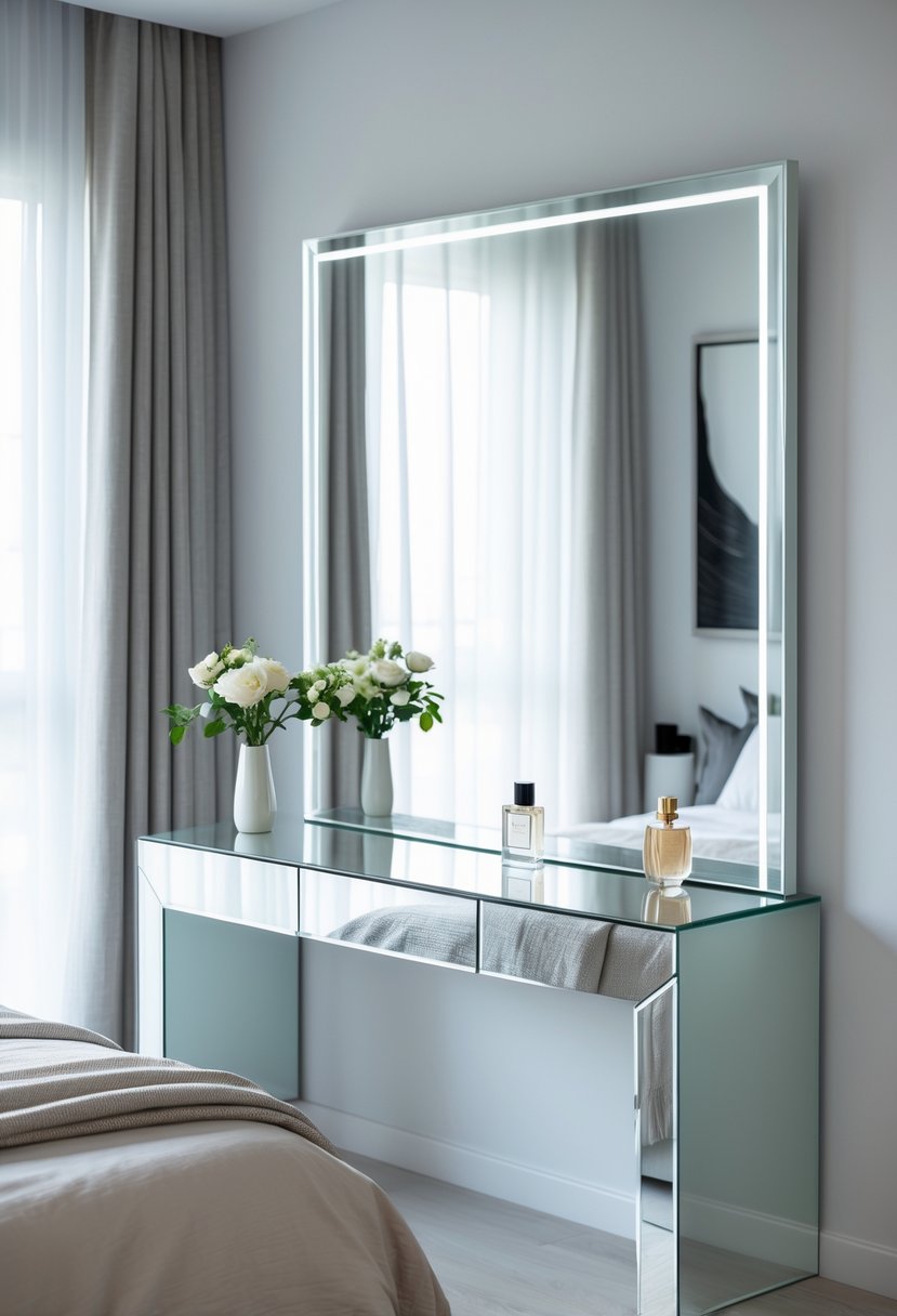 A mirrored dressing table with a large rectangular mirror and decorative items, placed in a bedroom with a bed and soft natural light.
