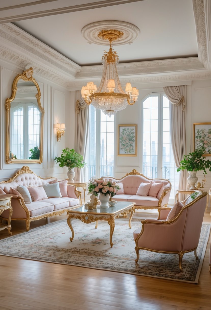 A bright and elegant living room with a large sofa, coffee table, chandelier, and decorative accents.