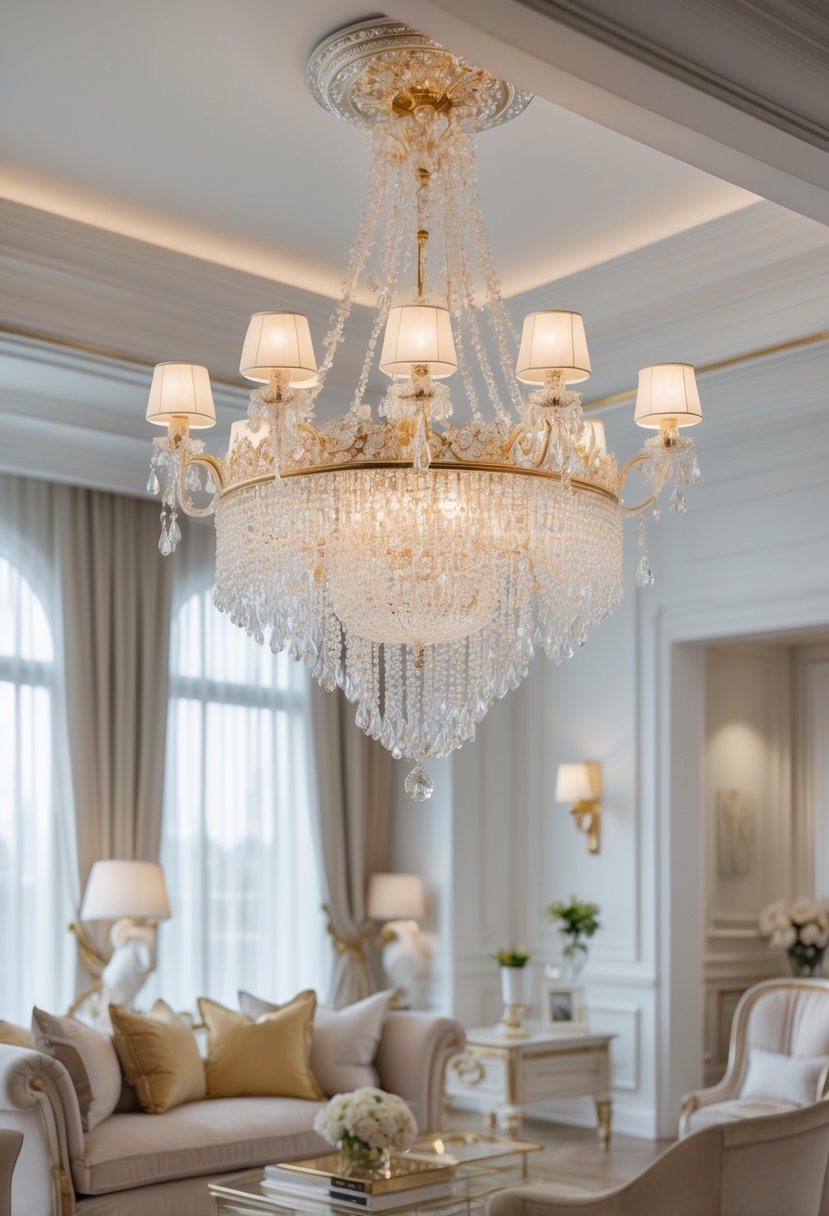 A bright living room with a detailed crystal chandelier hanging from the ceiling above comfortable seating and elegant furnishings.