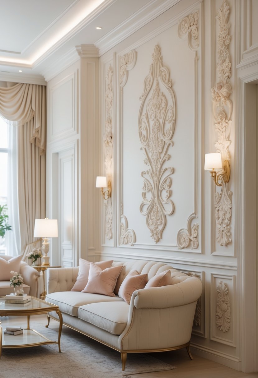 A bright, elegant living room with detailed wall moldings, comfortable seating, and soft natural lighting.