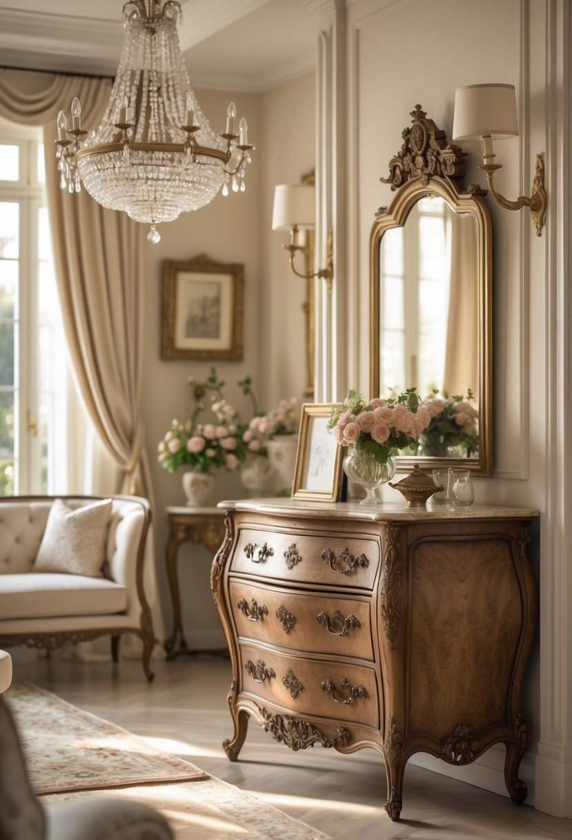 A living room with an antique wooden commode, comfortable seating, and decorative accents under soft natural light.