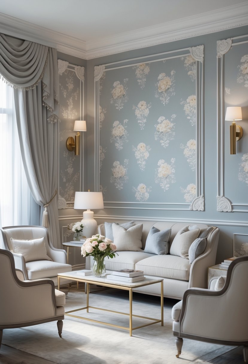 A modern living room with floral patterned wallpaper, comfortable seating, a coffee table with flowers, and soft natural lighting.