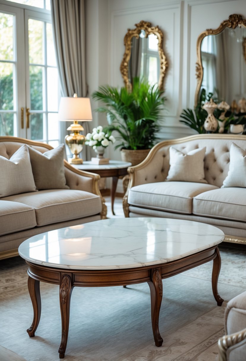 A well-lit living room with curved leg coffee tables topped with polished marble, surrounded by sofas and decorative plants.