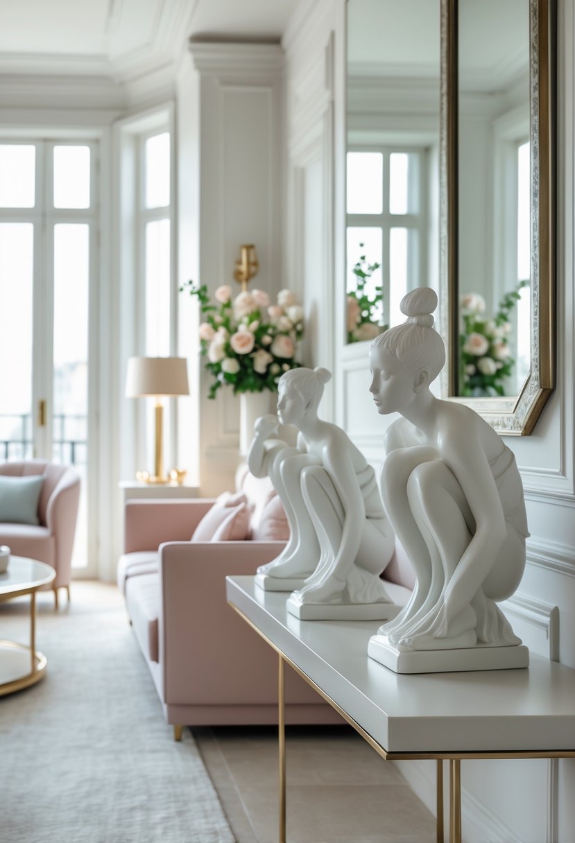 A bright living room with porcelain figurines displayed on a console table and shelf, surrounded by seating and decorative elements.