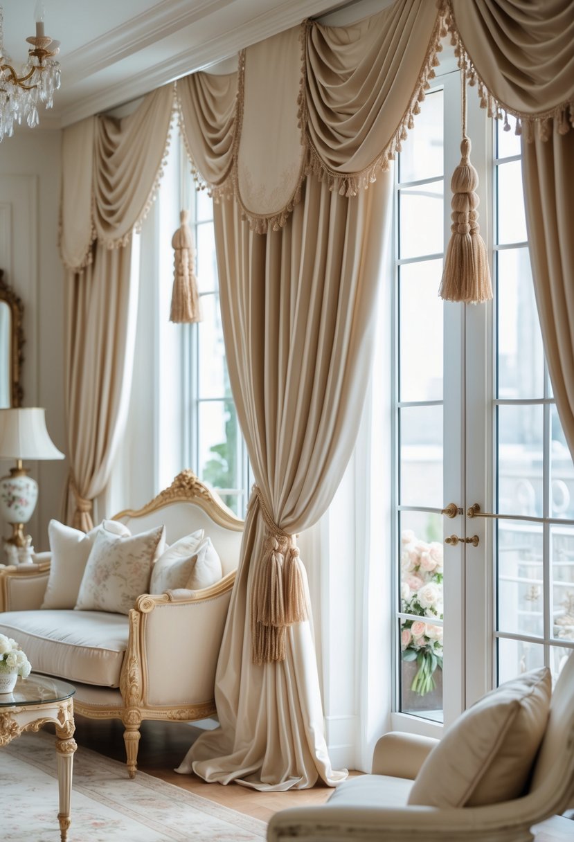 A bright living room with silk curtains tied back by tassels, elegant furniture, and soft natural light coming through large windows.