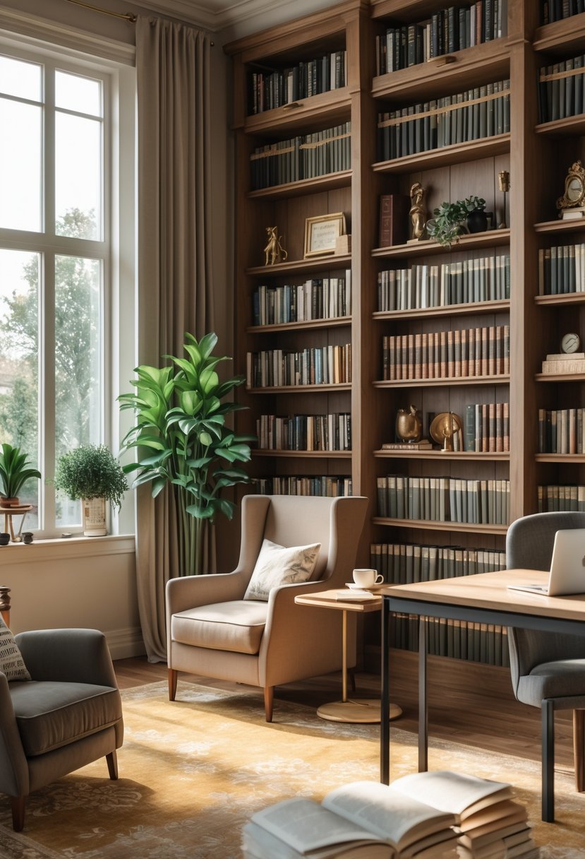 A well-lit library room with tall bookshelves, a cozy armchair by a large window, a small side table with a coffee cup and open book, and a modern desk with a laptop and lamp.