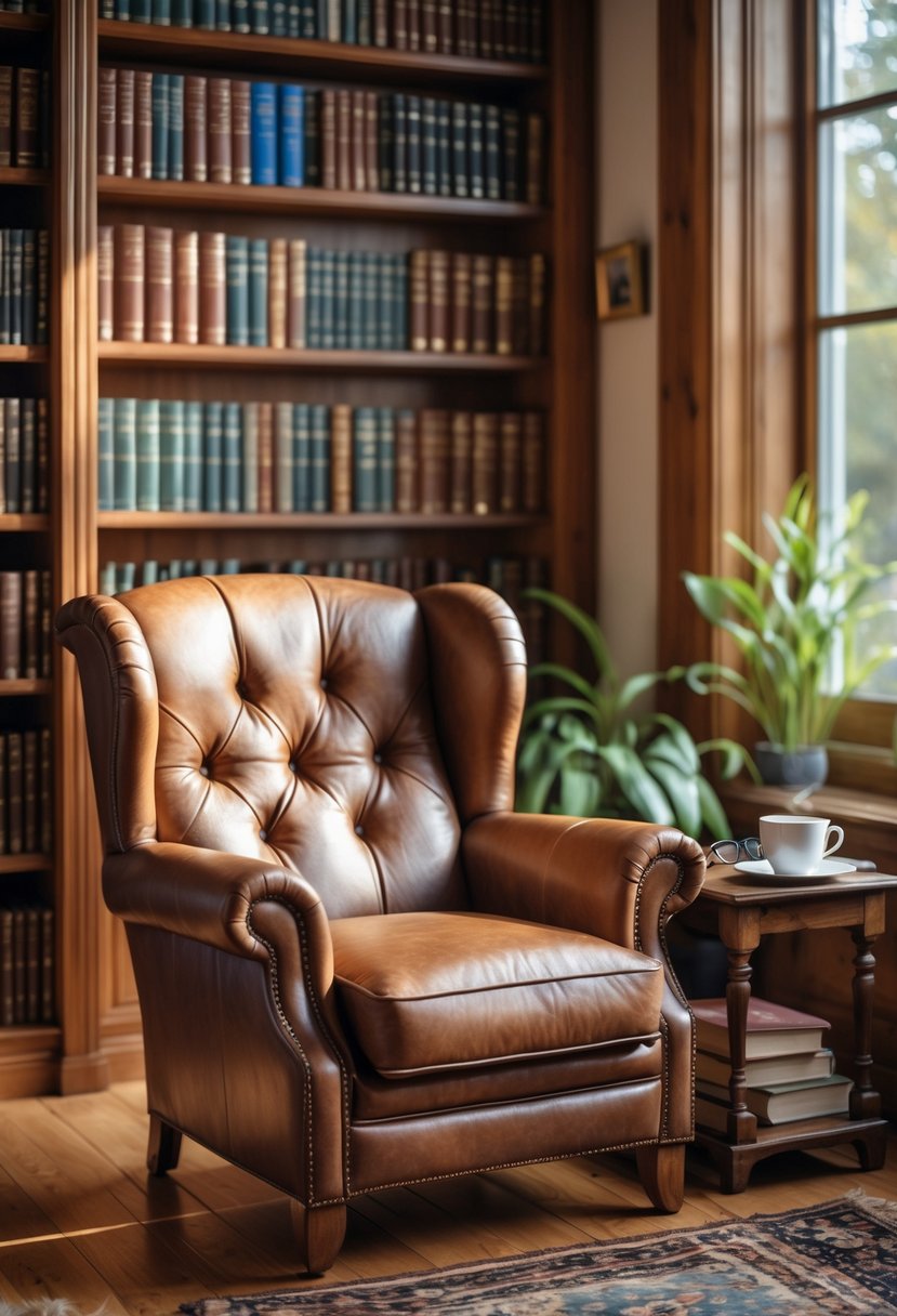 A classic leather armchair next to a bookshelf in a cozy library room with a cup of coffee on a side table.