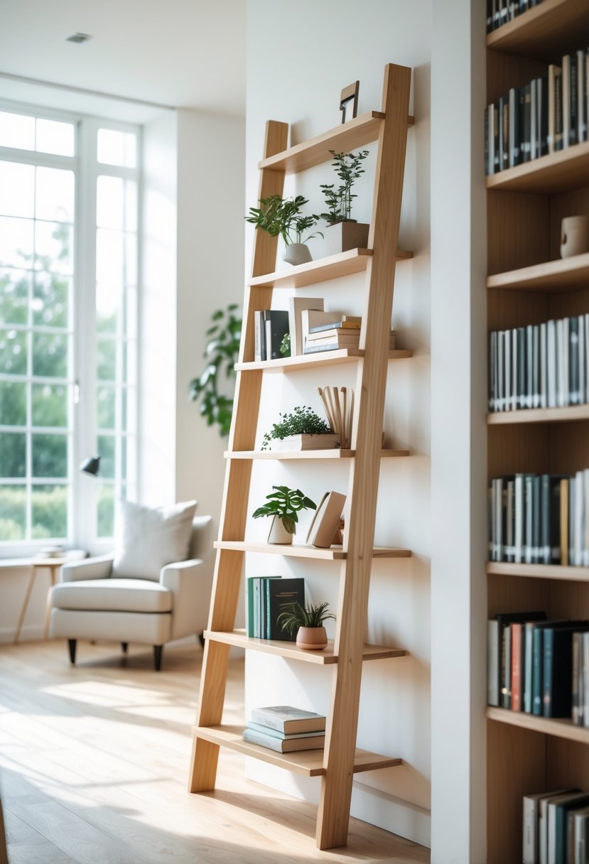 A ladder bookshelf with books and plants in a bright library room with a reading chair and natural light.