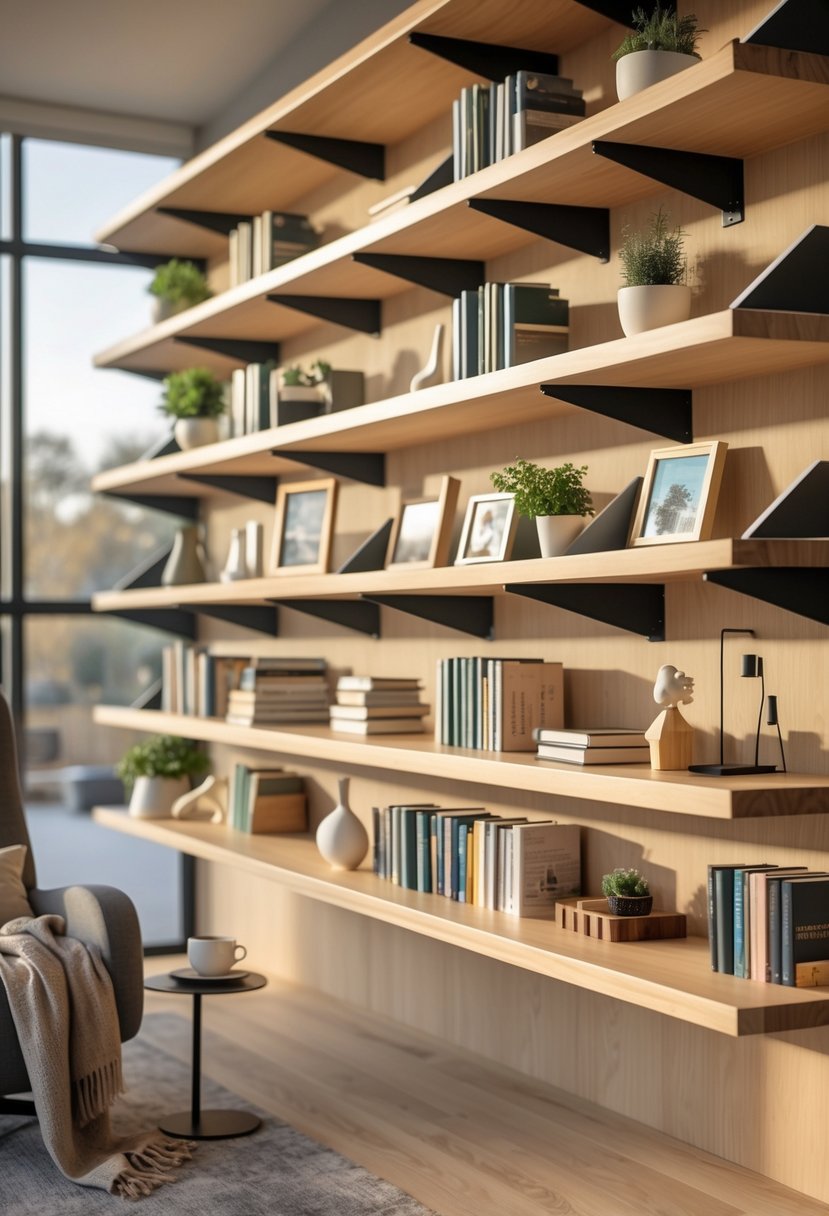 A library room with floating wooden shelves supported by metal brackets, filled with books and decorative items, next to a comfortable reading chair and a side table.