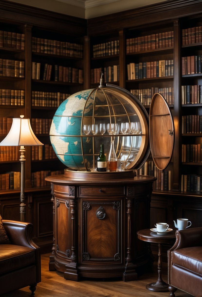 A vintage globe bar cabinet open to show glassware and bottles, surrounded by bookshelves filled with books, a leather armchair, and a small side table with a cup of tea in a cozy library room.