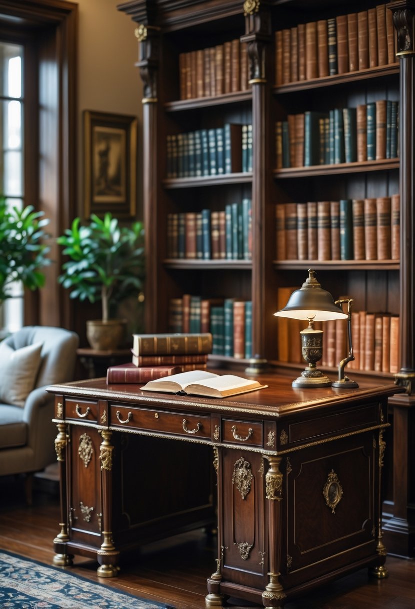 An antique wooden writing desk with brass accents in a library room surrounded by bookshelves and warm lighting.