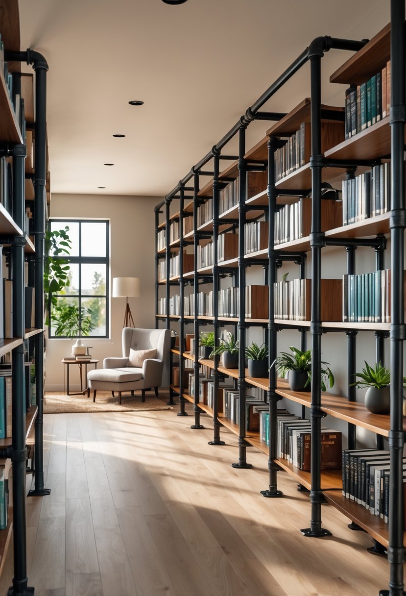 A library room with metal pipe bookcases filled with books and plants, a comfortable armchair, and natural light coming through large windows.