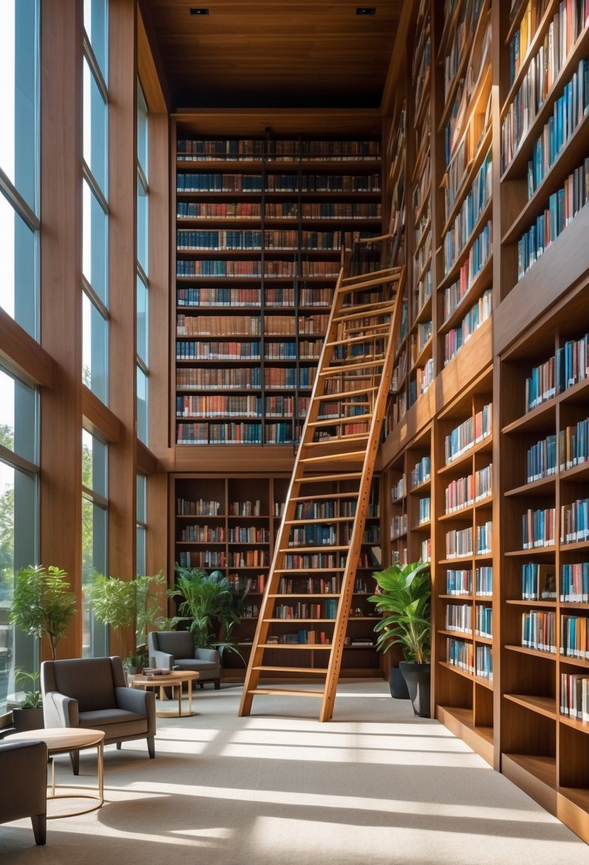 A library room with tall bookshelves and a wooden sliding ladder attached for reaching high shelves.