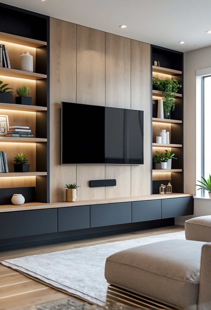 A living room with a large TV mounted on a media wall surrounded by shelves holding books and plants, with a sofa facing it and natural light coming through windows.
