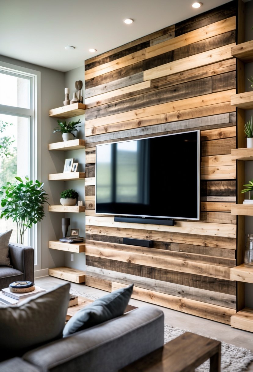 A living room with a media wall made of rustic wood panels, featuring a mounted flat-screen TV and shelves with decorative items.
