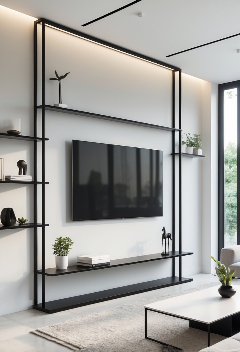 A modern living room with a large flat-screen TV mounted on a wall framed by a black metal structure, with shelves holding decorative items and natural light filling the space.