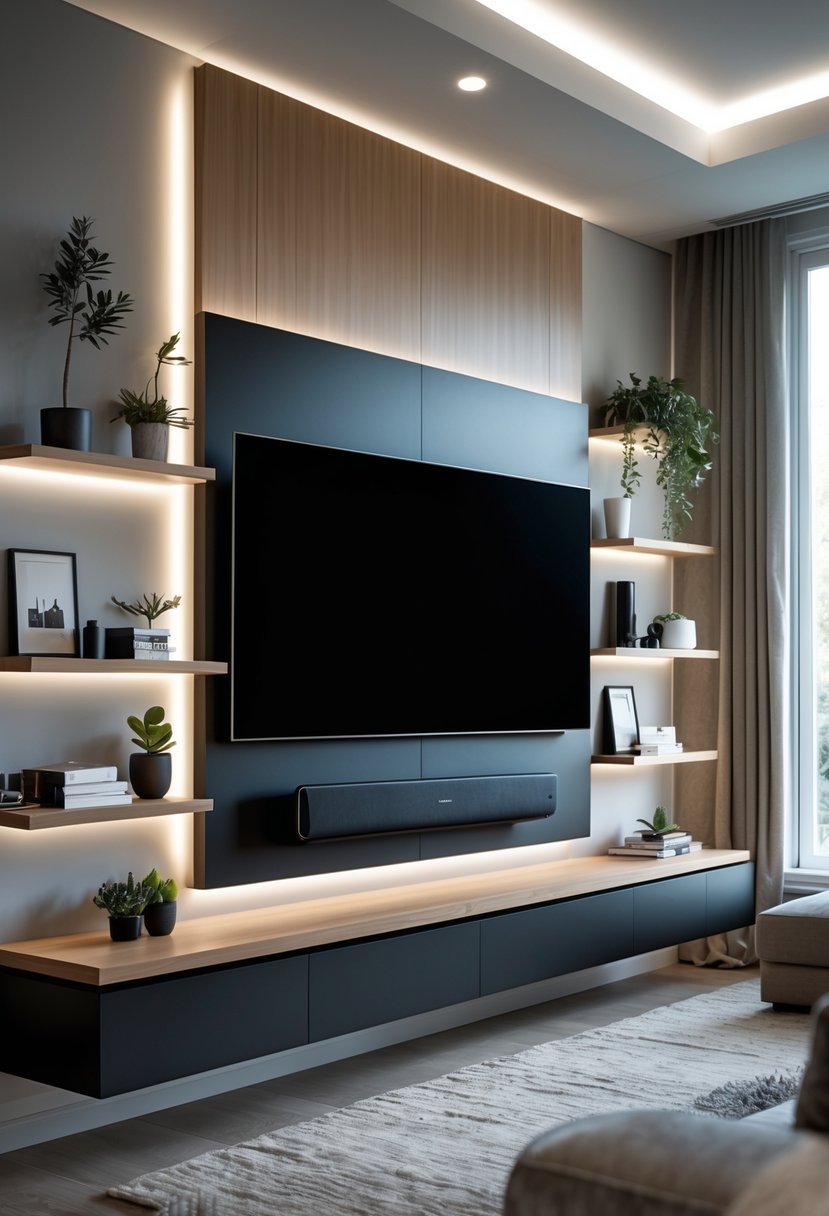 A living room with a wall-mounted TV and a soundbar integrated below it, surrounded by shelves with decorations.
