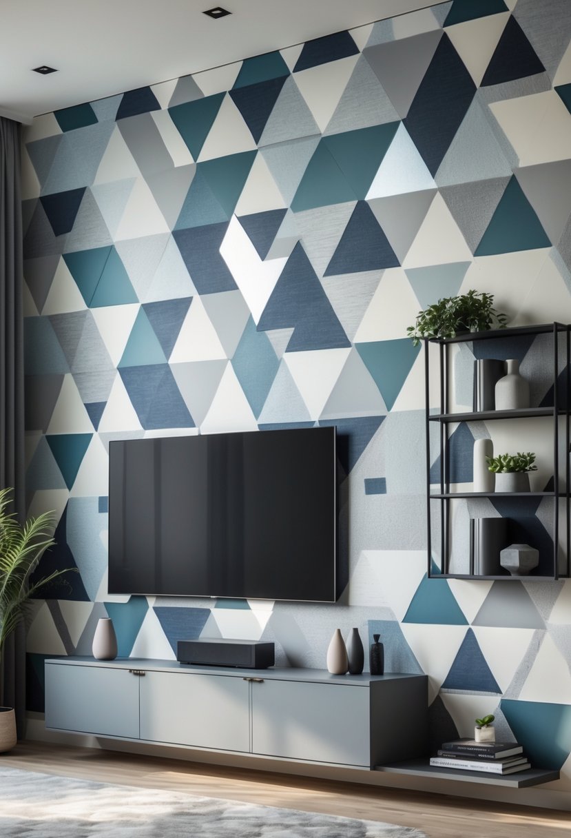 A modern media wall with a flat-screen TV and shelves in front of a geometric patterned wallpaper.