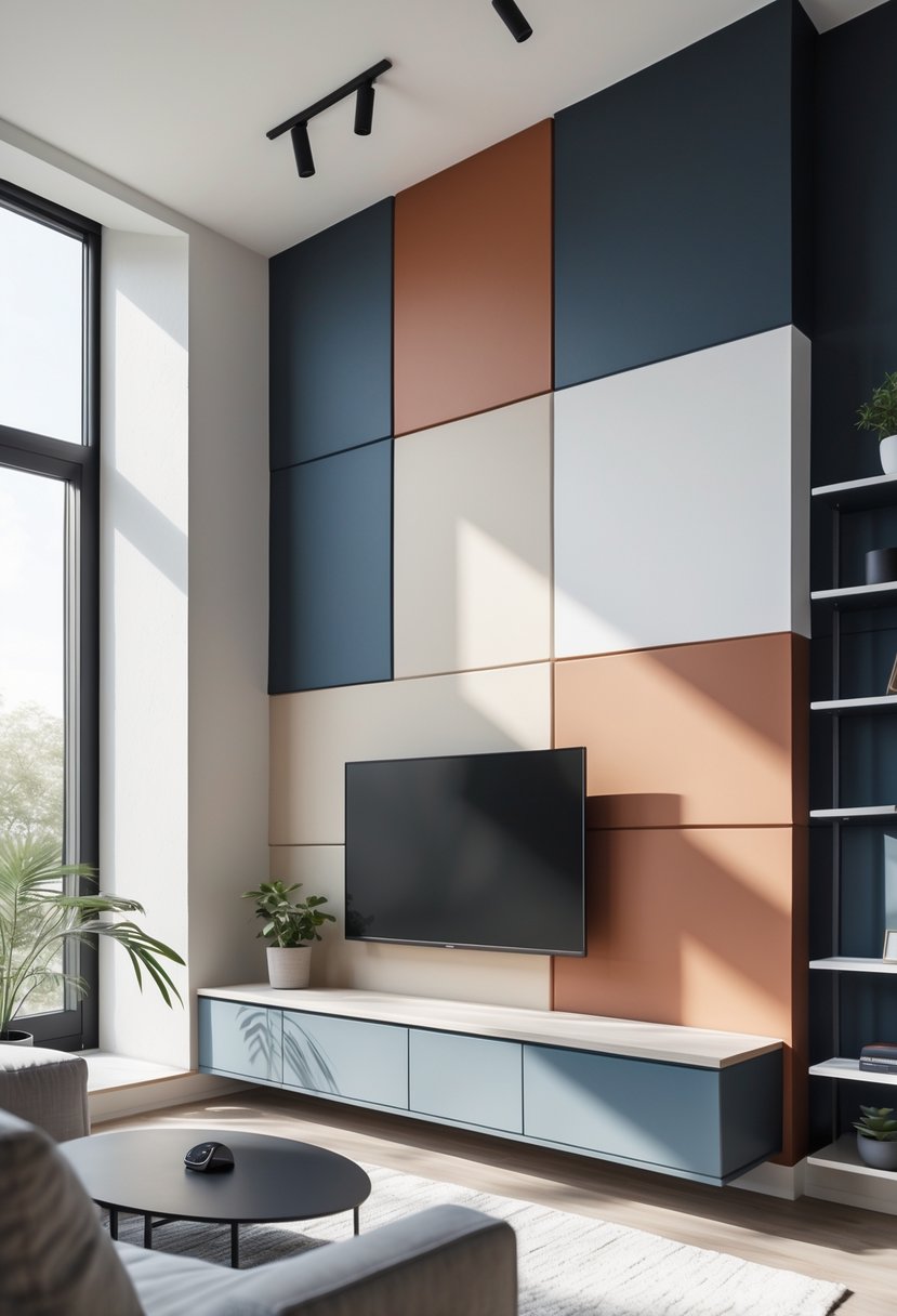 A modern interior wall with large geometric color-blocked matte paint sections and a media console with a mounted TV.