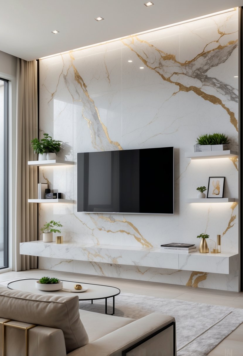 Living room with a large marble slab accent wall featuring a mounted television and decorative shelves, with a sofa and coffee table in front.