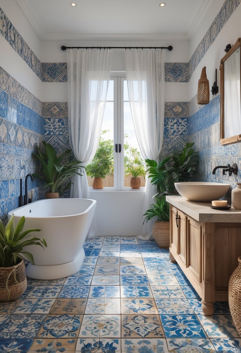A bright bathroom featuring a freestanding bathtub, wooden vanity, and various colorful patterned tiles on the walls and floor.