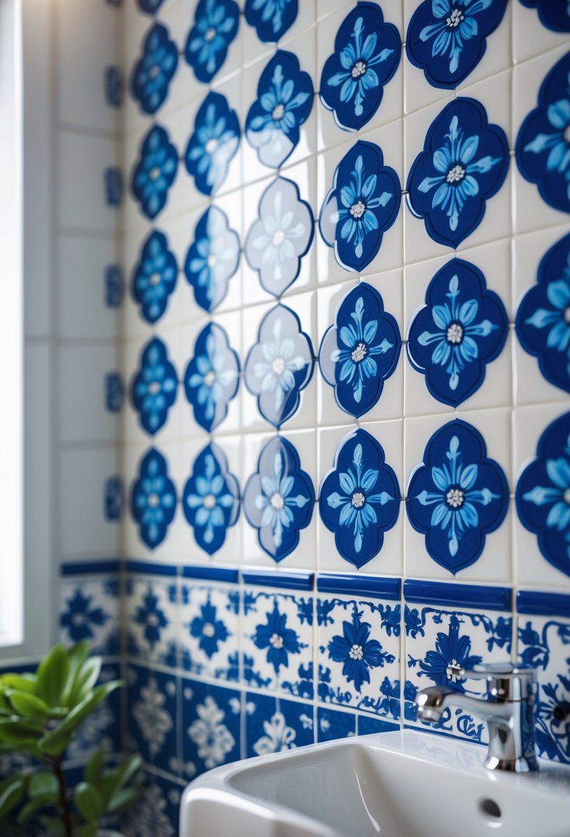 A bathroom wall decorated with blue and white patterned tiles next to a white sink with chrome fixtures and a small green plant.