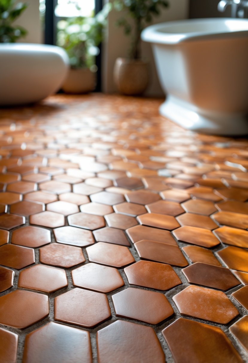 Close-up of a bathroom floor with terra cotta hexagonal tiles and a white bathtub in the background.