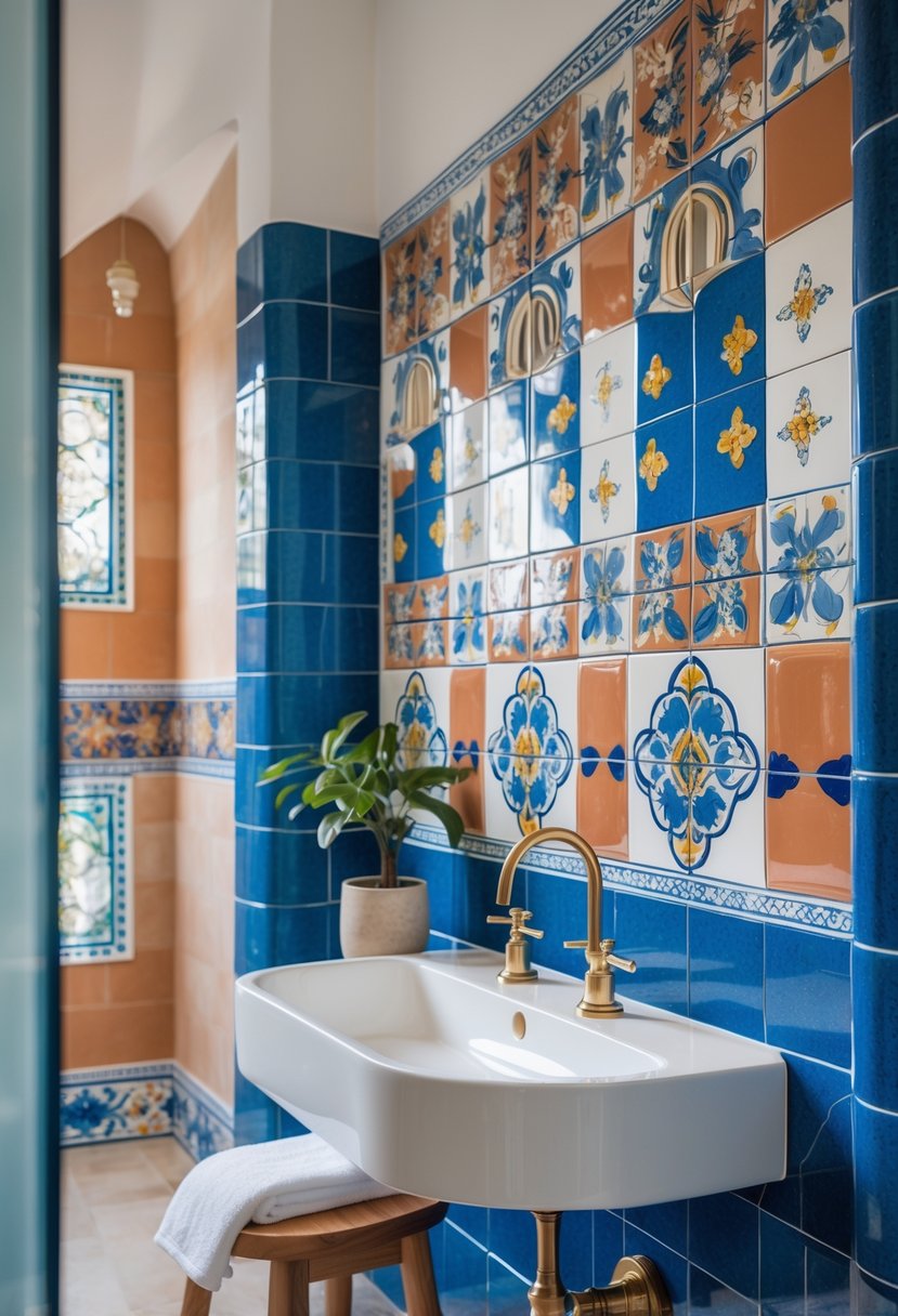 A bathroom with colorful hand-painted ceramic tiles on the wall behind a white sink with brass fixtures, illuminated by natural light.