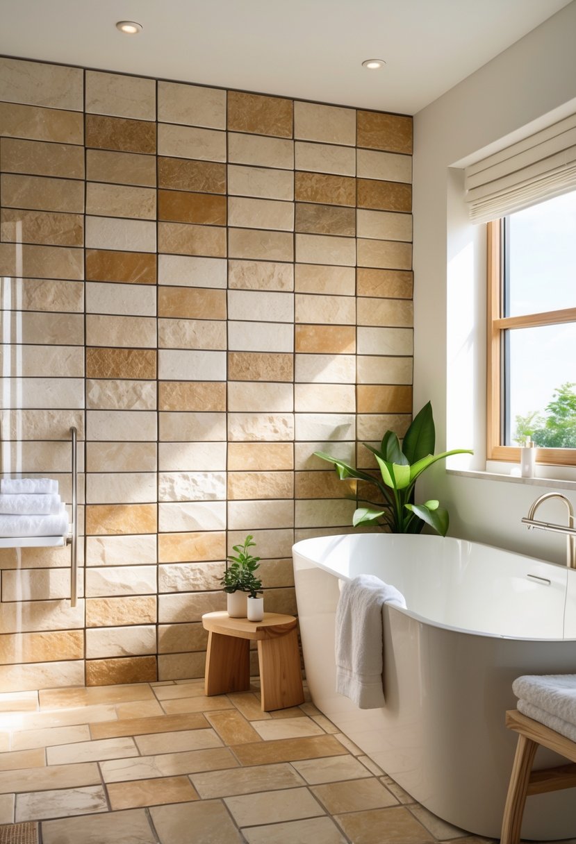 A modern bathroom with natural stone subway tiles on the walls, a white bathtub, and natural light coming through a window.