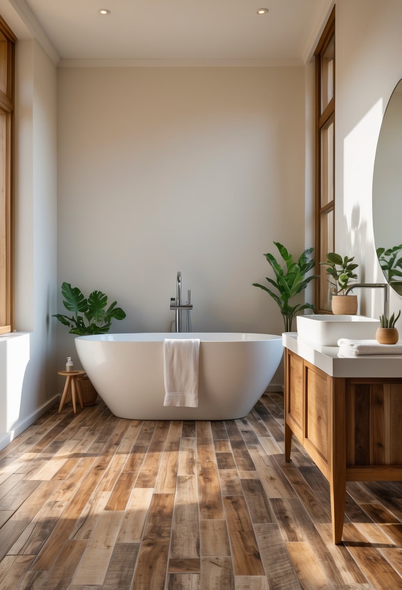A bathroom with wood-look tile flooring, a white freestanding bathtub, a wooden vanity with a round mirror, and sunlight coming through a window.