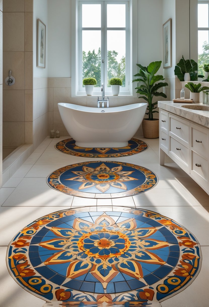 A bright bathroom with colorful patterned tile medallions on the floor, a white bathtub, and a vanity with plants.