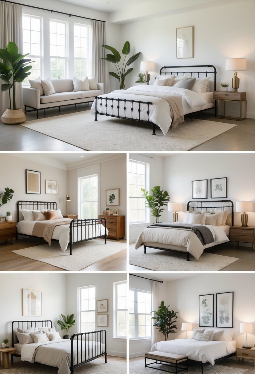 A bright bedroom displaying ten different metal frame beds with various designs and bedding arrangements.