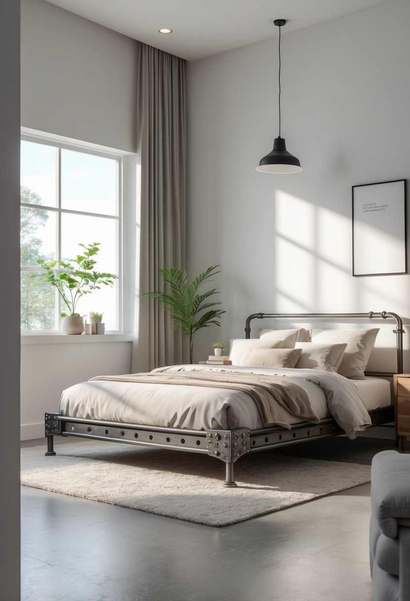 A bedroom with a metal bed frame featuring exposed rivets, soft bedding, and natural light coming through a window.