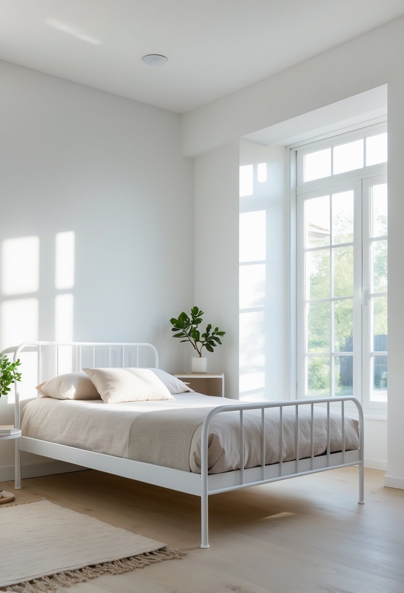A bright bedroom with a white metal bed frame, neutral bedding, wooden floor, and a small plant on a bedside table.