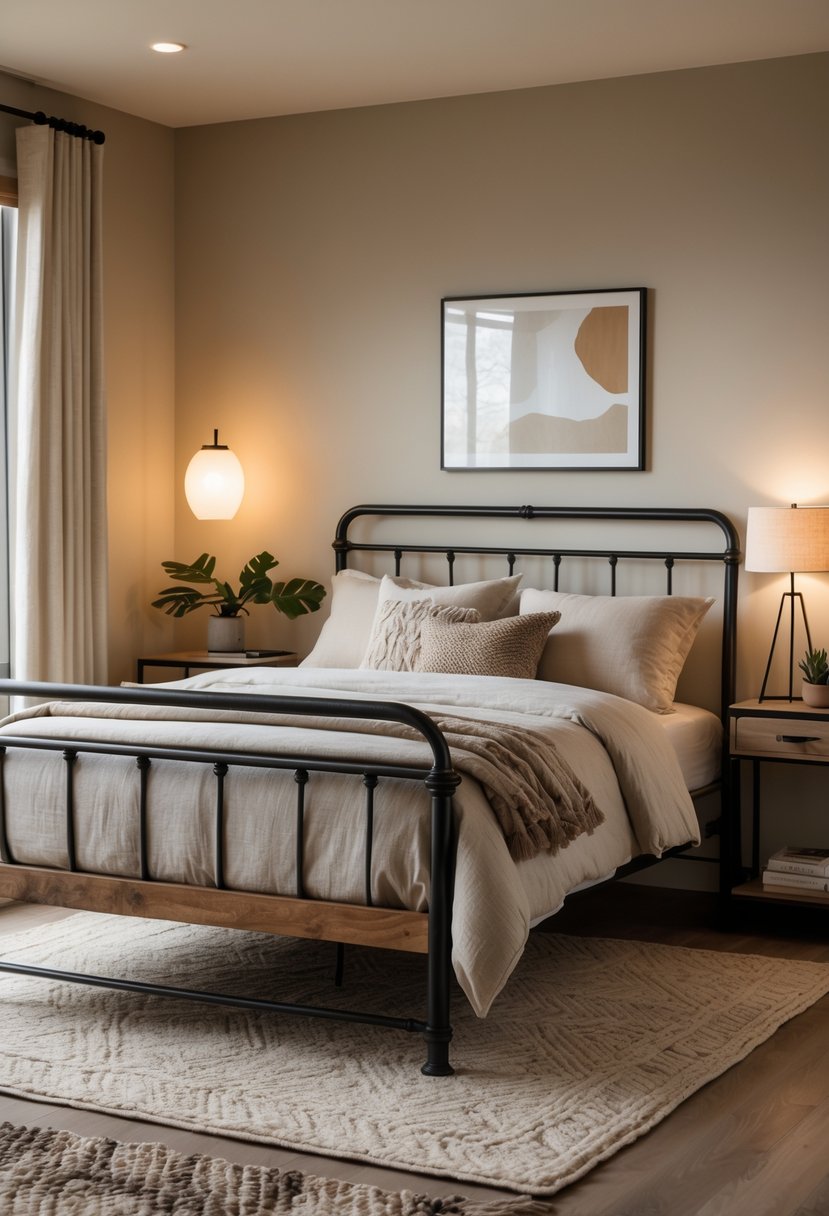 A neatly made bed with a metal frame and wooden slats in a bedroom with warm lighting and simple decor.
