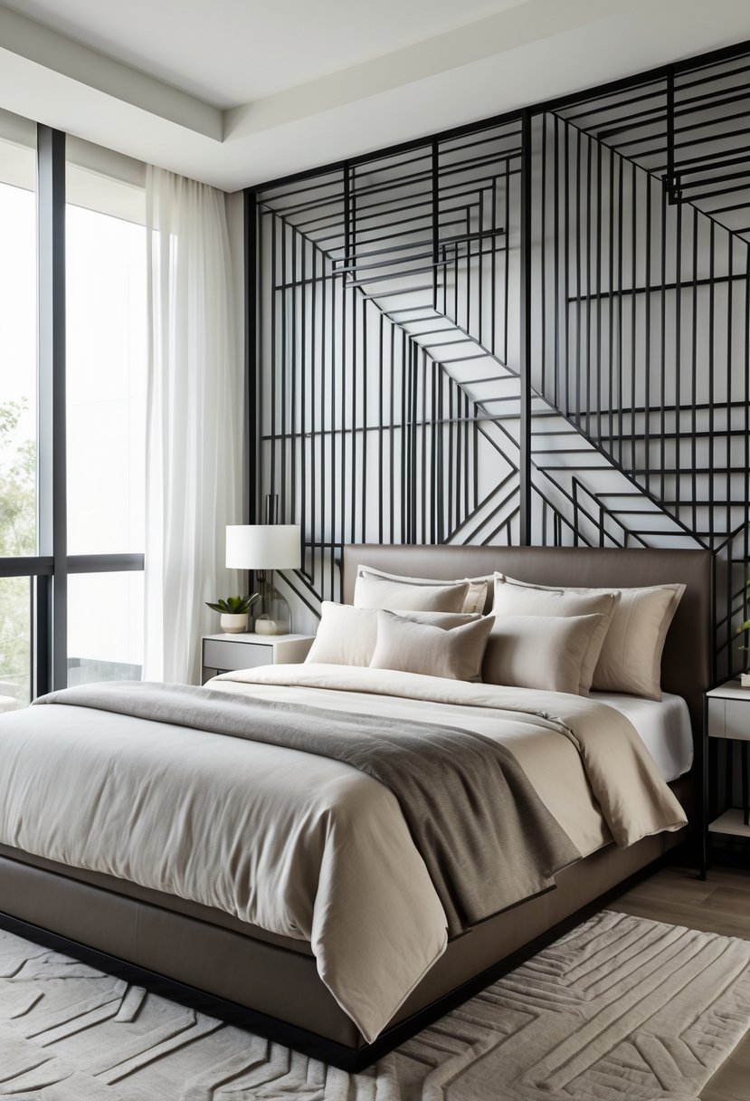 A bedroom with a bed featuring a geometric metal rod headboard and bedside tables with lamps.