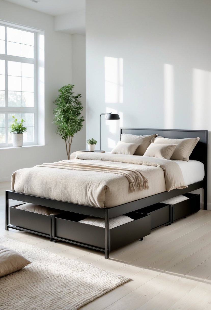 A modern bedroom with a metal platform bed featuring under-bed storage drawers, natural light, and simple decor.