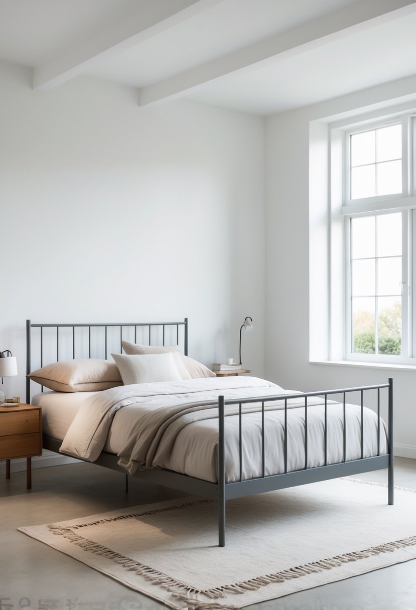 A bedroom with a gunmetal gray metal frame bed, neutral bedding, a wooden nightstand with a lamp, and natural light coming through windows.