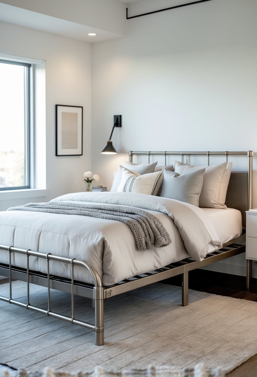 A bedroom with a brushed nickel metal bed frame and adjustable headboard, featuring neatly made bedding and soft natural light.