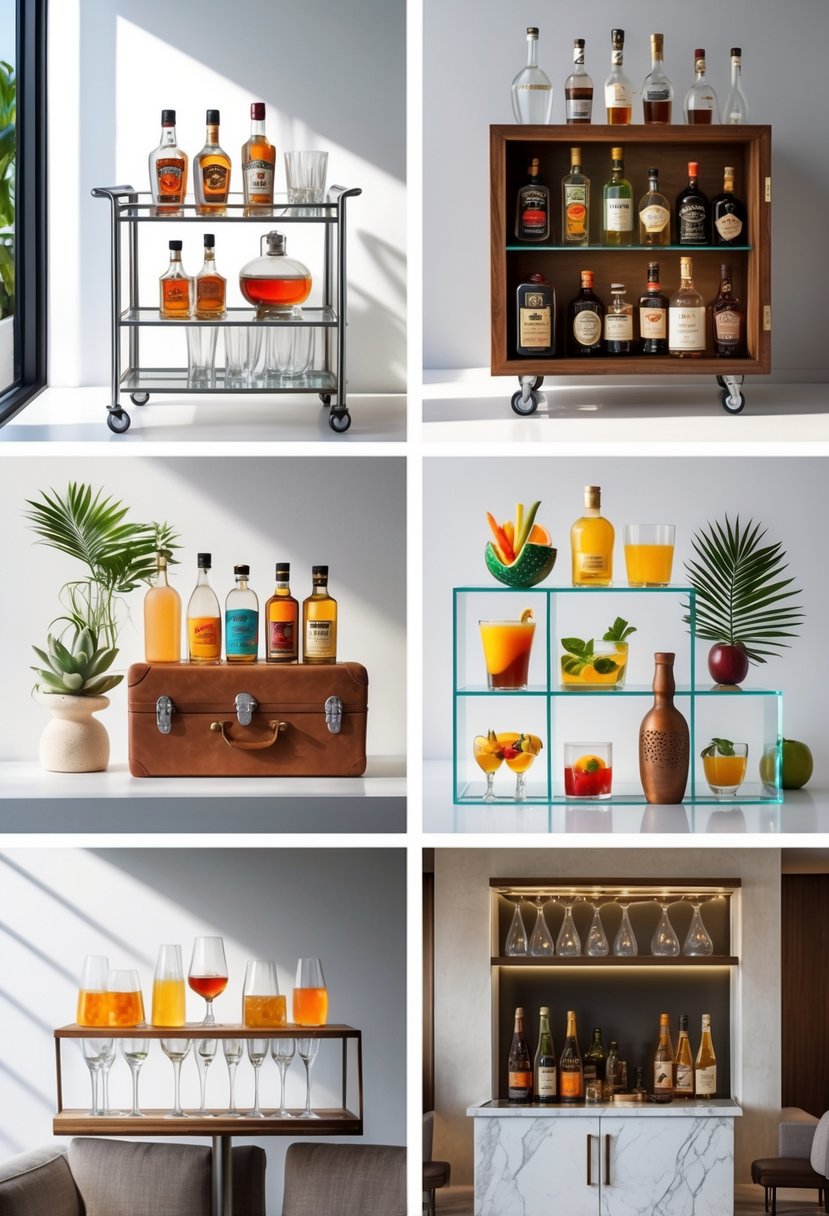 Seven different mini bar setups displayed on a modern surface, each with unique styles and various bottles, glasses, and bar accessories.