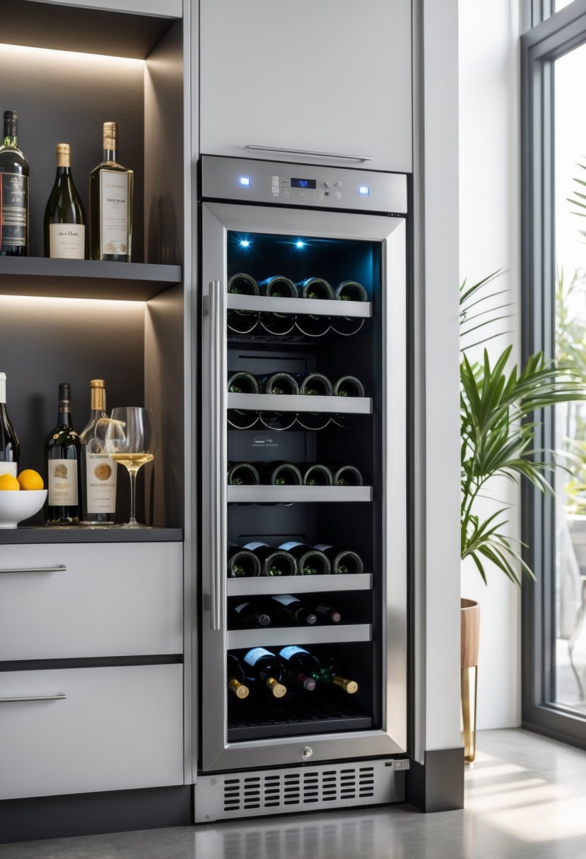 A compact wine fridge installed under a countertop in a modern kitchen with wine bottles inside and mini bar accessories nearby.