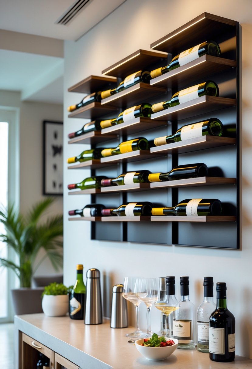 A home bar area with wall-mounted bottle racks holding bottles above a countertop with bar accessories.