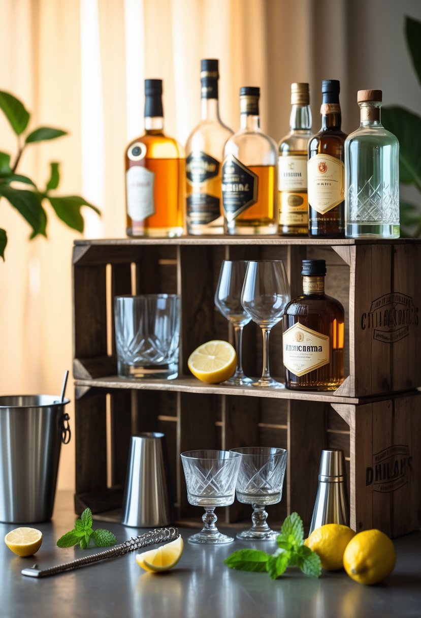 A mini bar setup featuring a vintage wooden crate holding liquor bottles and cocktail glasses, with bar tools and fresh garnishes arranged nearby.