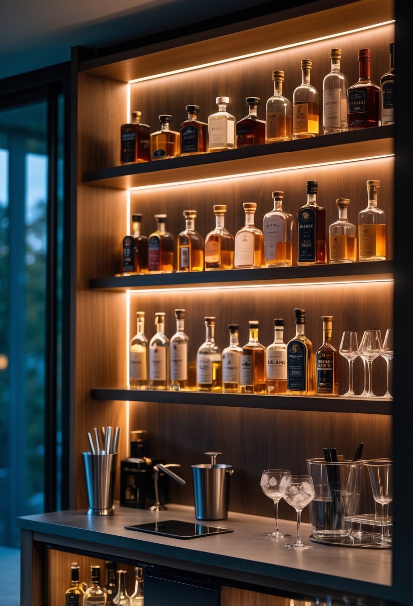 A home mini bar with wooden shelves illuminated by LED strip lights, displaying liquor bottles, glassware, and bar accessories.