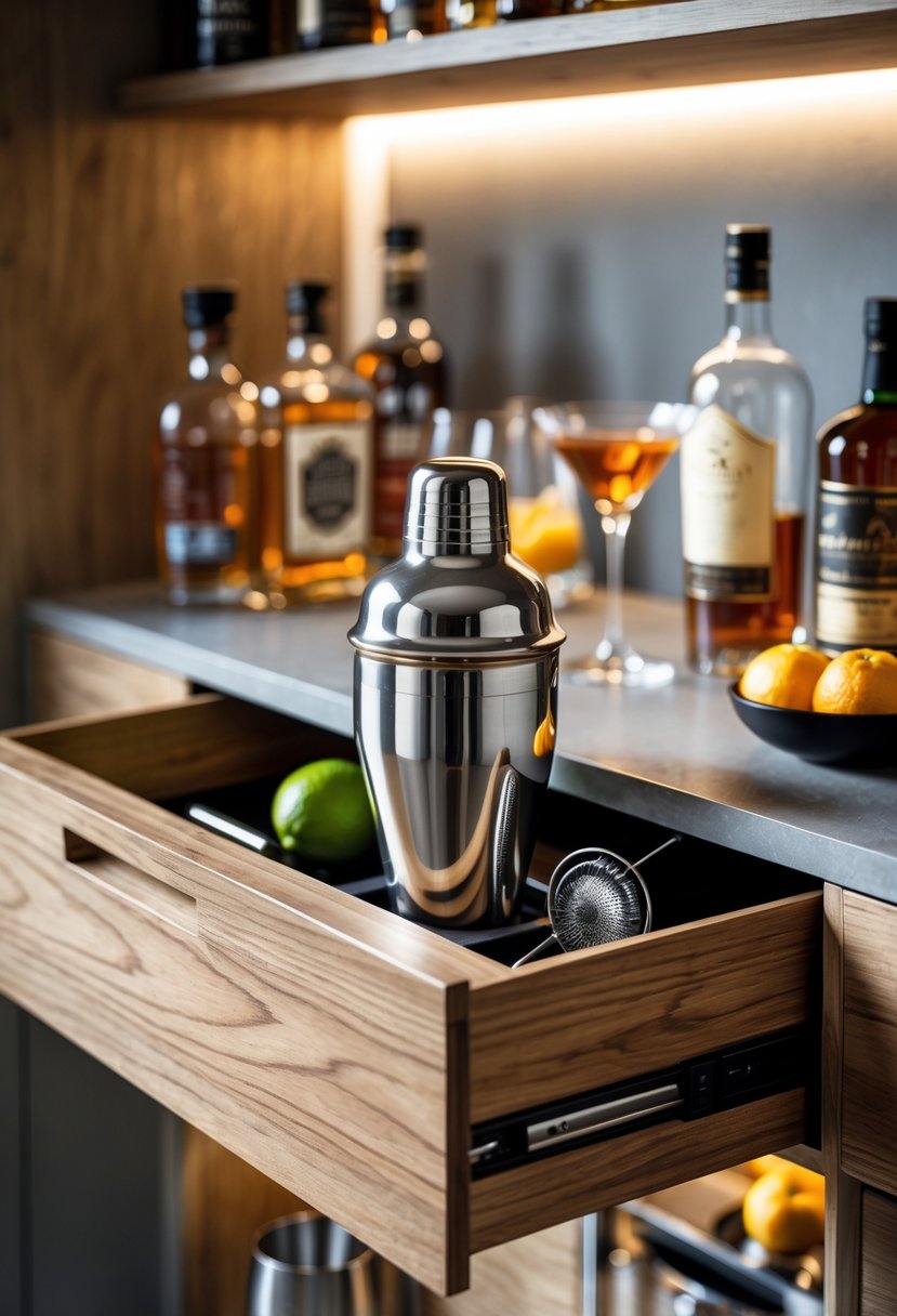 A mini bar with a built-in drawer open to reveal a cocktail shaker, surrounded by liquor bottles, glassware, and fresh citrus fruits.
